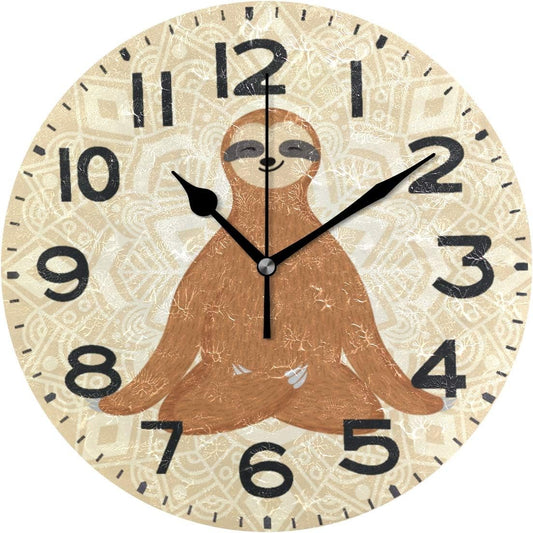 Cute Cartoon Sloth Sitting in Yoga Lotus Pose and Relaxing round Wall Clock Decorative, 9.5 Inch Battery Operated Quartz Analog Quiet Desk Clock for Home,Office,School(Brown)